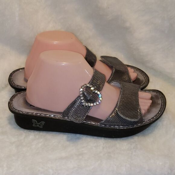 ALEGRIA silver leather slide sandals - Picture 1 of 8